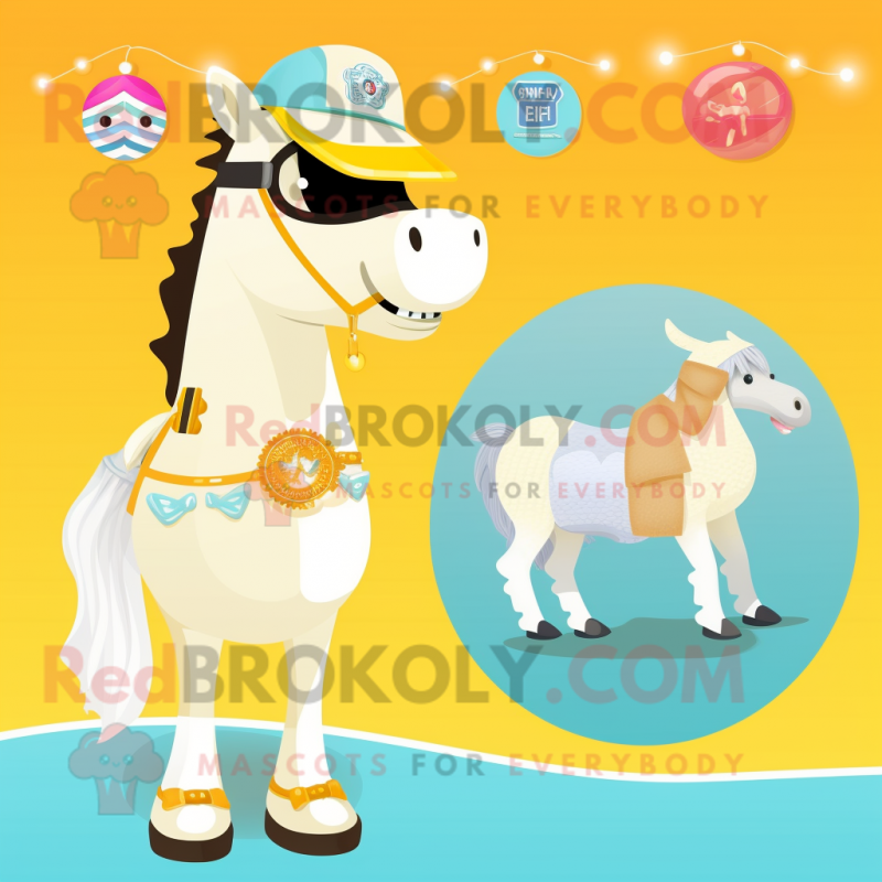 Cream Horse mascot costume character dressed with a Bikini and Brooches