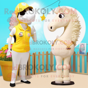Cream Horse mascot costume character dressed with a Bikini and Brooches