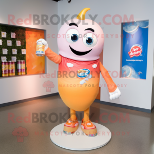 Peach Soda Can mascot costume character dressed with a Flare Jeans and Keychains