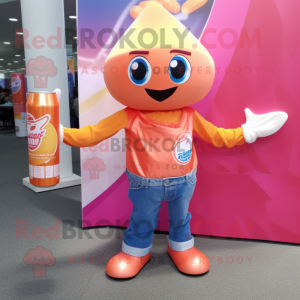 Peach Soda Can mascot costume character dressed with a Flare Jeans and Keychains