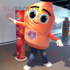 Peach Soda Can mascot costume character dressed with a Flare Jeans and Keychains