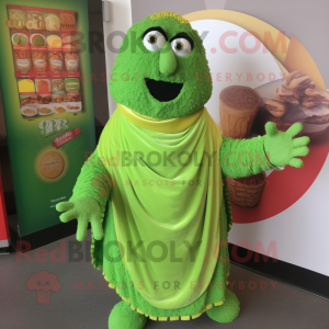 Lime Green Falafel mascot costume character dressed with a Henley Shirt and Shawl pins