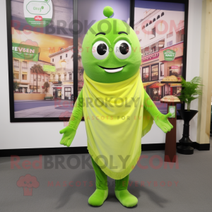 Lime Green Falafel mascot costume character dressed with a Henley Shirt and Shawl pins