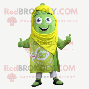 Lime Green Falafel mascot costume character dressed with a Henley Shirt and Shawl pins