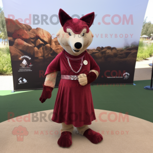 Maroon Dingo mascot costume character dressed with a Empire Waist Dress and Anklets