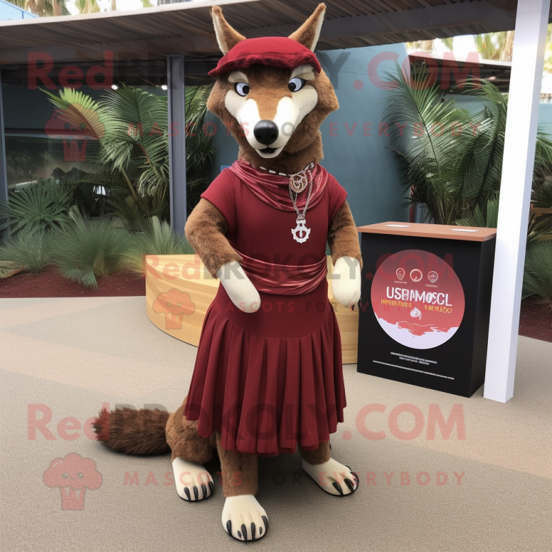 Maroon Dingo mascot costume character dressed with a Empire Waist Dress and Anklets