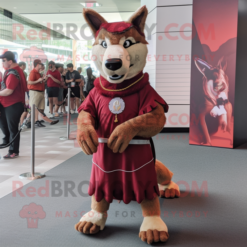 Maroon Dingo mascot costume character dressed with a Empire Waist Dress and Anklets Maroon Dingo mascot costume character dressed with a Empire Waist Dress and Anklets