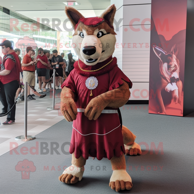 Maroon Dingo mascot costume character dressed with a Empire Waist Dress and Anklets