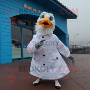 nan Seagull mascot costume character dressed with a Raincoat and Backpacks