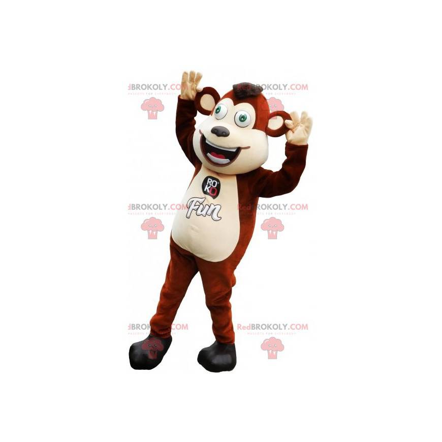 Mascotte de singe marron et blanc aux yeux verts -