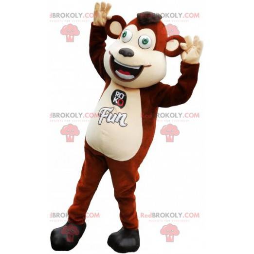 Mascotte de singe marron et blanc aux yeux verts -