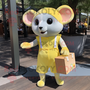 Lemon Yellow Dormouse mascot costume character dressed with a Playsuit and Clutch bags
