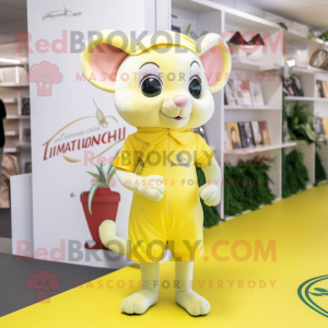Lemon Yellow Dormouse mascot costume character dressed with a Playsuit and Clutch bags
