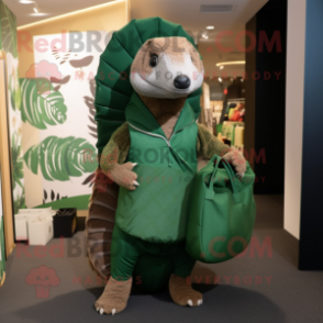 Forest Green Pangolin mascot costume character dressed with a Cover-up and Tote bags