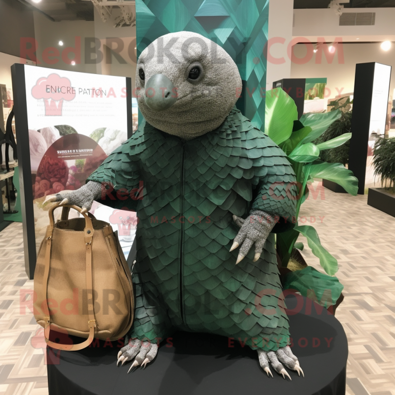 Forest Green Pangolin mascot costume character dressed with a Cover-up and Tote bags Forest Green Pangolin mascot costume character dressed with a Cover-up and Tote bags