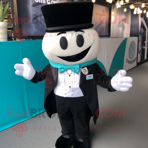 Cyan Pad Thai mascot costume character dressed with a Tuxedo and Suspenders