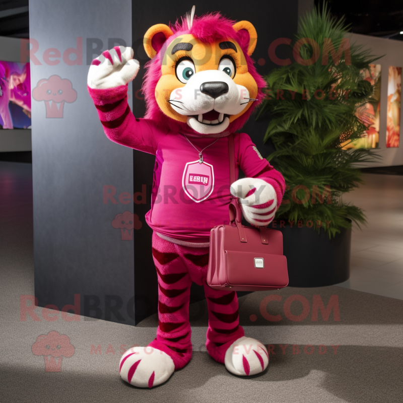 Magenta Tiger mascot costume character dressed with a Skinny Jeans and Handbags