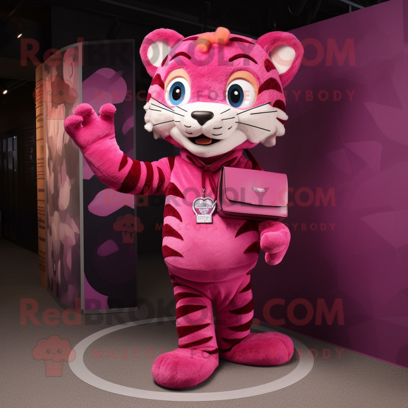 Magenta Tiger mascot costume character dressed with a Skinny Jeans and Handbags