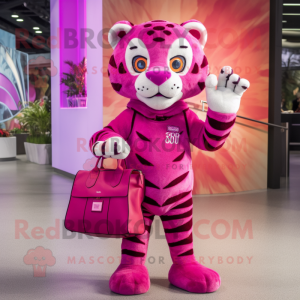 Magenta Tiger mascot costume character dressed with a Skinny Jeans and Handbags