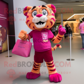 Magenta Tiger mascot costume character dressed with a Skinny Jeans and Handbags