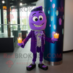 Purple Scented Candle mascot costume character dressed with a Suit Jacket and Bracelets