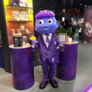 Purple Scented Candle mascot costume character dressed with a Suit Jacket and Bracelets