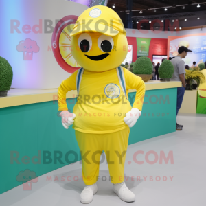 Lemon Yellow Pho mascot costume character dressed with a Polo Tee and Beanies