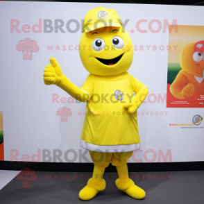 Lemon Yellow Pho mascot costume character dressed with a Polo Tee and Beanies