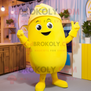 Lemon Yellow Pho mascot costume character dressed with a Polo Tee and Beanies