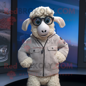 Silver Merino Sheep mascot costume character dressed with a Jacket and Eyeglasses