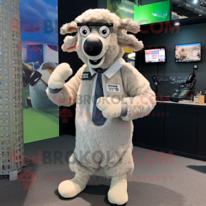 Silver Merino Sheep mascot costume character dressed with a Jacket and Eyeglasses