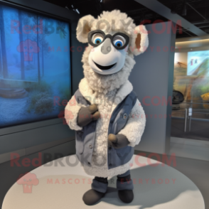 Silver Merino Sheep mascot costume character dressed with a Jacket and Eyeglasses