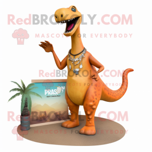 Rust Brachiosaurus mascot costume character dressed with a Tank Top and Necklaces
