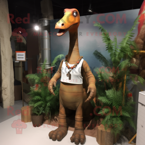 Rust Brachiosaurus mascot costume character dressed with a Tank Top and Necklaces