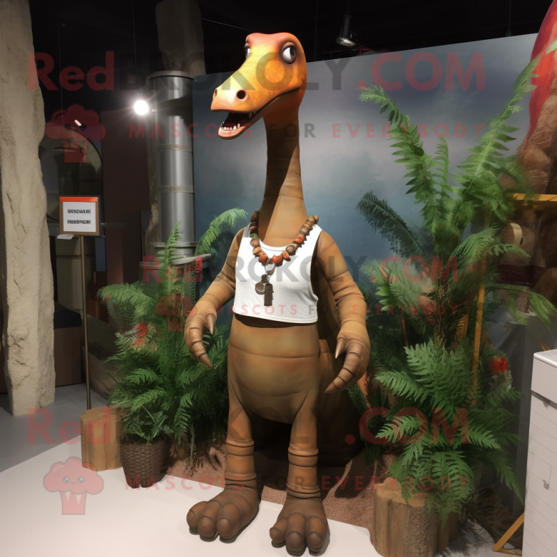 Rust Brachiosaurus mascot costume character dressed with a Tank Top and Necklaces