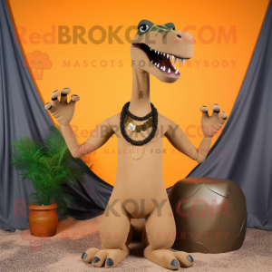 Rust Brachiosaurus mascot costume character dressed with a Tank Top and Necklaces