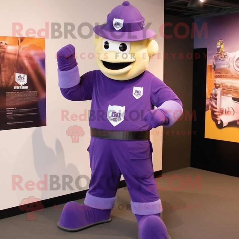 Purple Fire Fighter mascot costume character dressed with a Sweater and Cufflinks