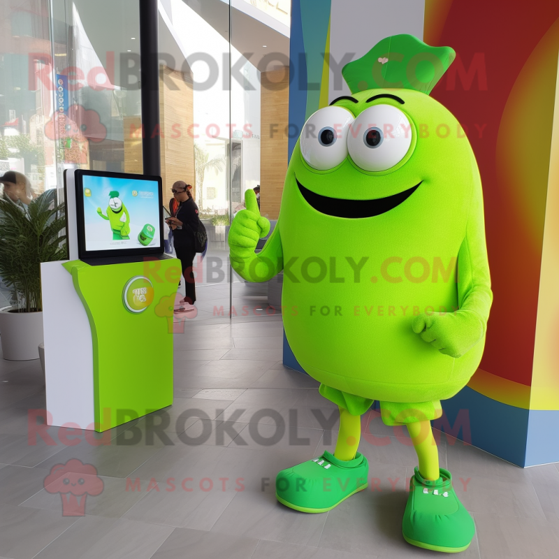 Lime Green Aglet mascot costume character dressed with a Dress and Smartwatches