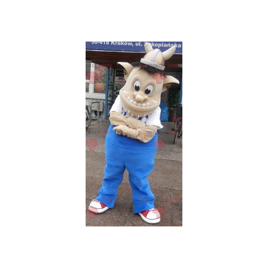 Troll mascotte met een Vikinghelm. Schepsel mascotte -
