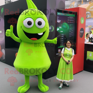 Lime Green Aglet mascot costume character dressed with a Dress and Smartwatches