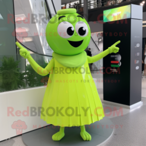 Lime Green Aglet mascot costume character dressed with a Dress and Smartwatches