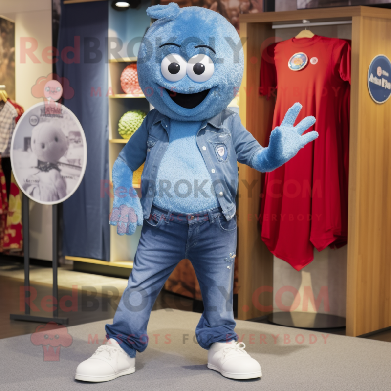 Blue Meatballs mascot costume character dressed with a Jeans and Brooches Blue Meatballs mascot costume character dressed with a Jeans and Brooches