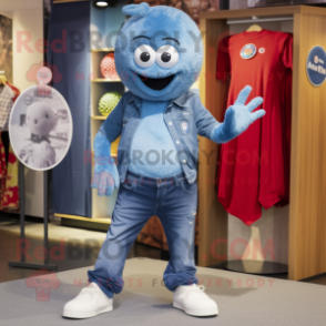 Blue Meatballs mascot costume character dressed with a Jeans and Brooches