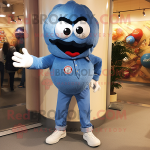 Blue Meatballs mascot costume character dressed with a Jeans and Brooches
