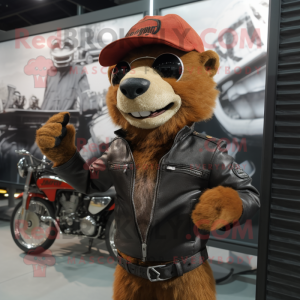Rust Mongoose mascot costume character dressed with a Biker Jacket and Rings