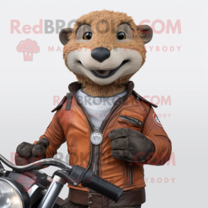 Rust Mongoose mascot costume character dressed with a Biker Jacket and Rings