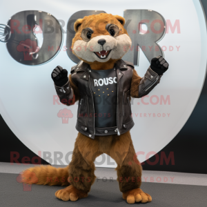 Rust Mongoose mascot costume character dressed with a Biker Jacket and Rings