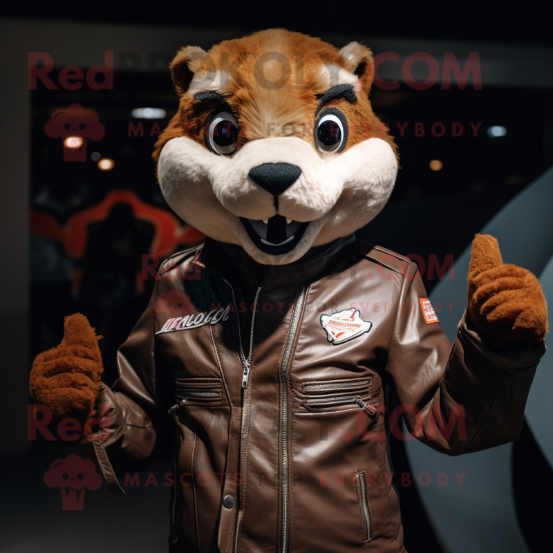 Rust Mongoose mascot costume character dressed with a Biker Jacket and Rings