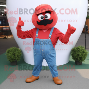 Red Meatballs mascot costume character dressed with a Denim Shirt and Foot pads