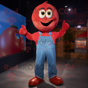 Red Meatballs mascot costume character dressed with a Denim Shirt and Foot pads